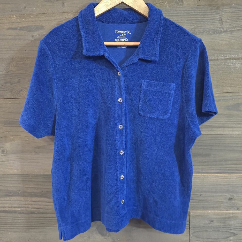 TomboyX Terry Cloth Shirt Blue Short Sleeve Button Up Unisex Cotton Size S